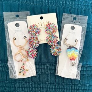 Fun and Colorful Set of 3 items. Two keychains and one pair of earrings. NWT.